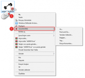 Sağ Tık Menüsündeki SOLIDWORKS Sekmesi