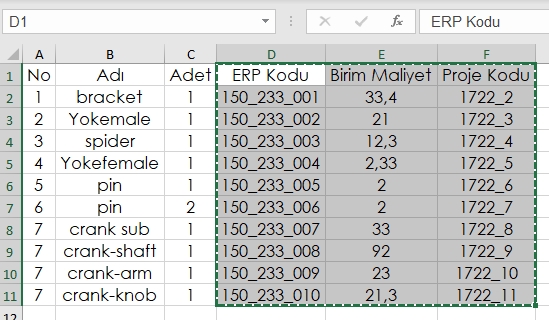 Excel malzeme listesini düzenlemek