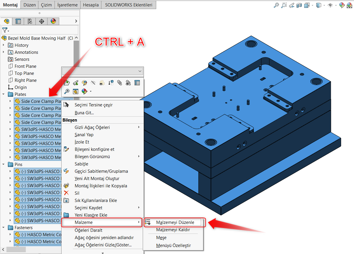 CTRL+A kısayol tuşu ile parça seçimi sonrası malzeme atama