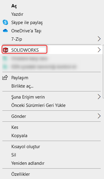 SOLIDWORKS Sağ Tık Menüsü