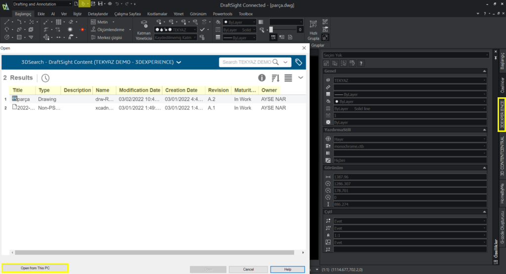 3DEXPERIENCE DraftSight'ta Dosya Açma