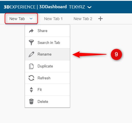 3DEXPERIENCE Dashboard sekme seçenekleri