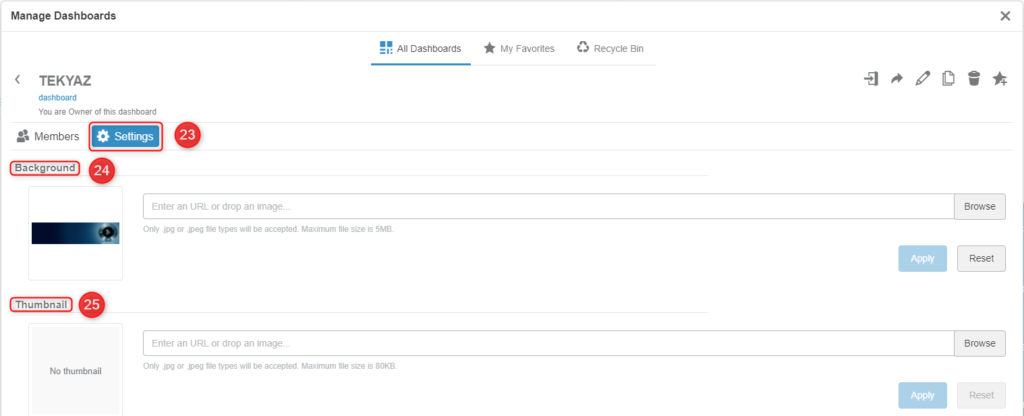 3DEXPERIENCE Manage Dashboards - Settings