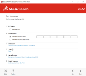 SOLIDWORKS Seri numarası ekranı