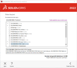 SOLIDWORKS kurulacak ürünler ekranı