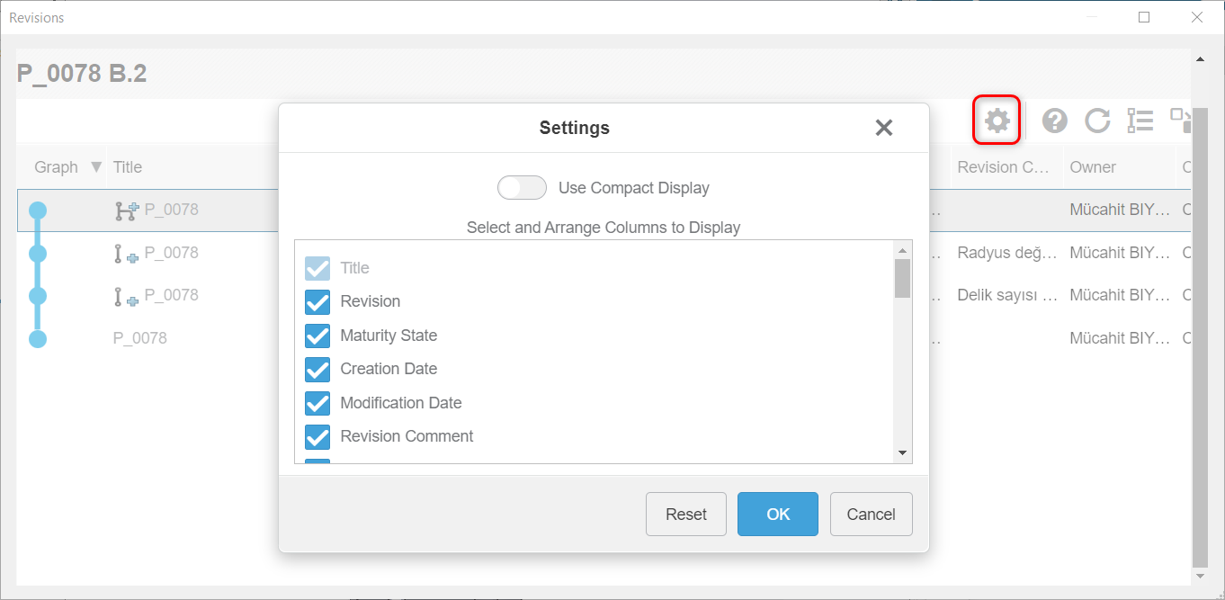 Revisions Menüsü - Settings