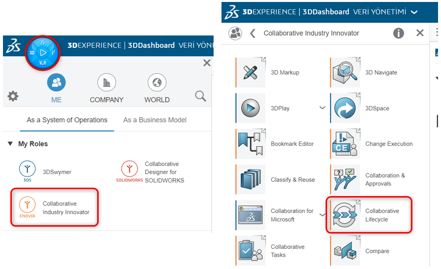 3DEXPERIENCE Collaborative Lifecycle Uygulamasına Erişim