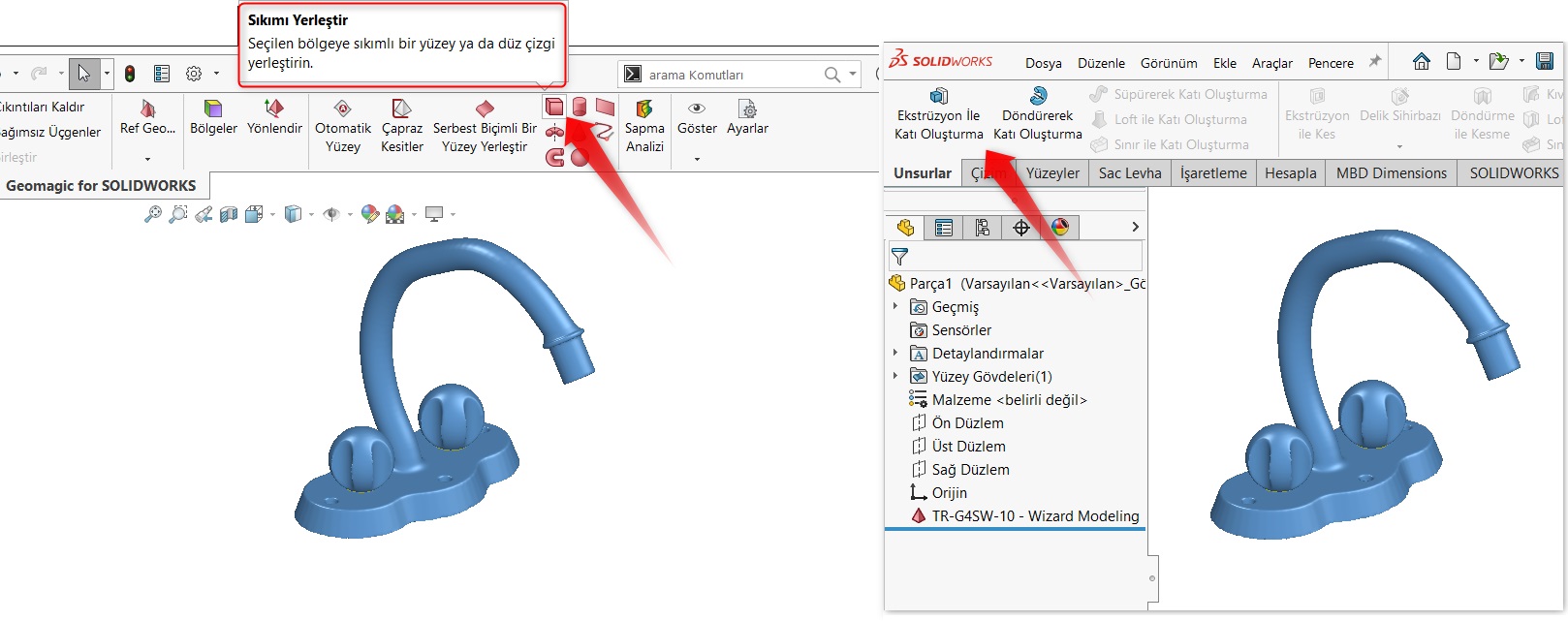 Ekstrüzyon komutunun Geomagic for SOLIDWORKS eklentisindeki karşılığı