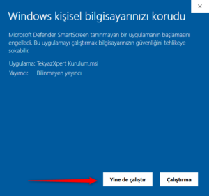 TEKYAZXpert Kurulum İşlemi Windows Yine de Çalıştır Seçeneği