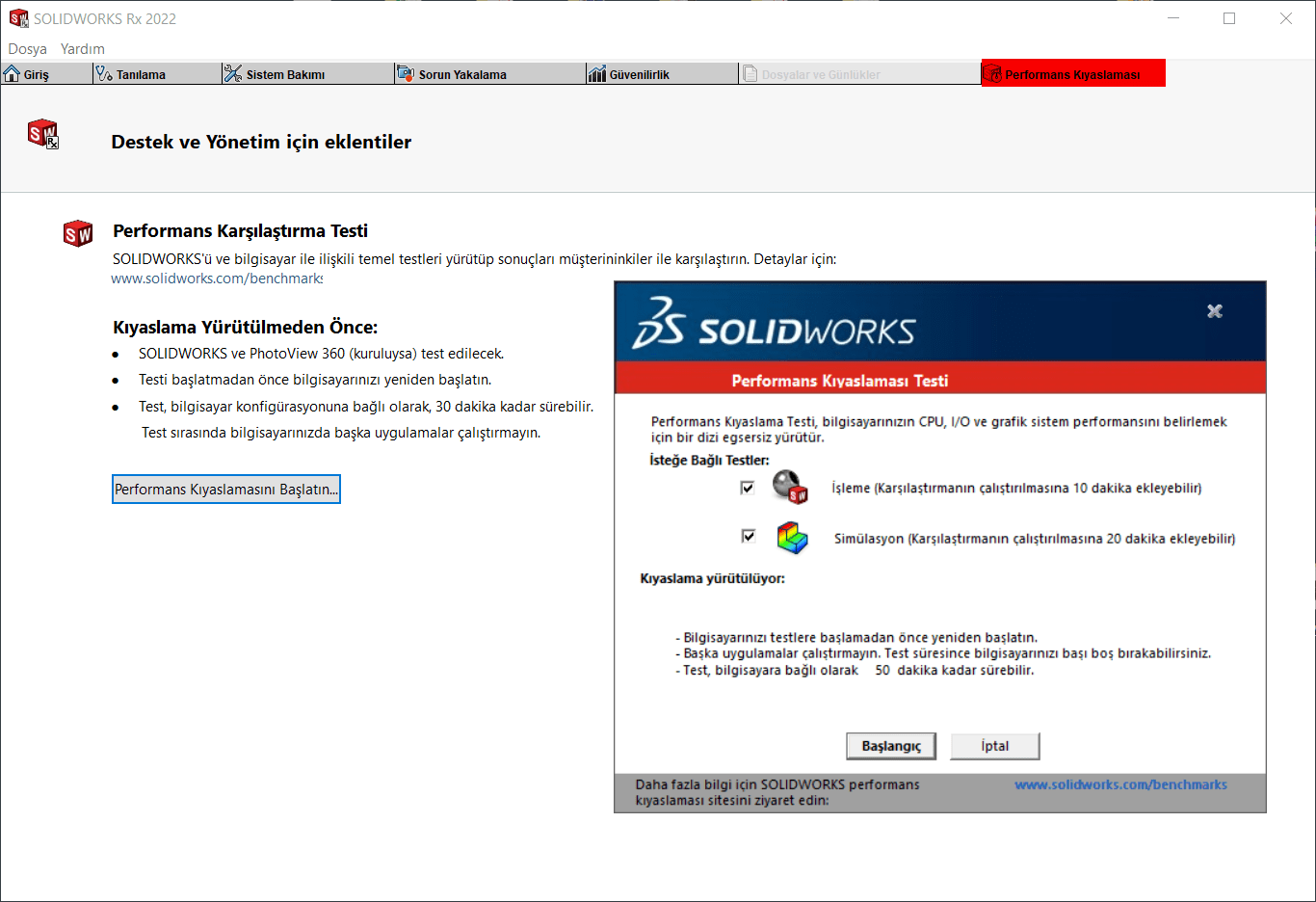 SOLIDWORKS Rx Peformans Kıyaslaması Sekmesi