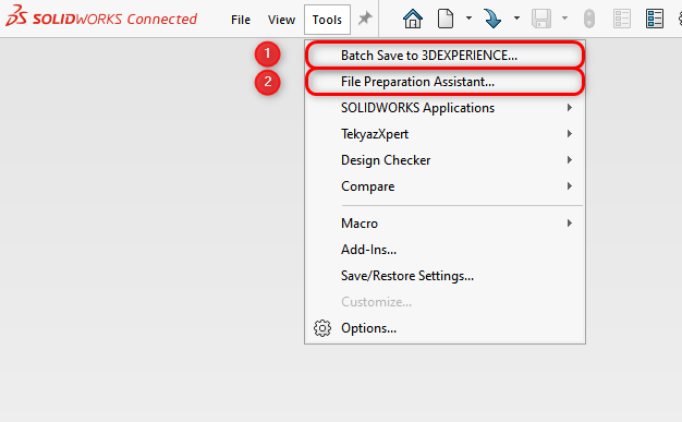 SOLIDWORKS File Preparation Assistant Erişim Seçenekleri