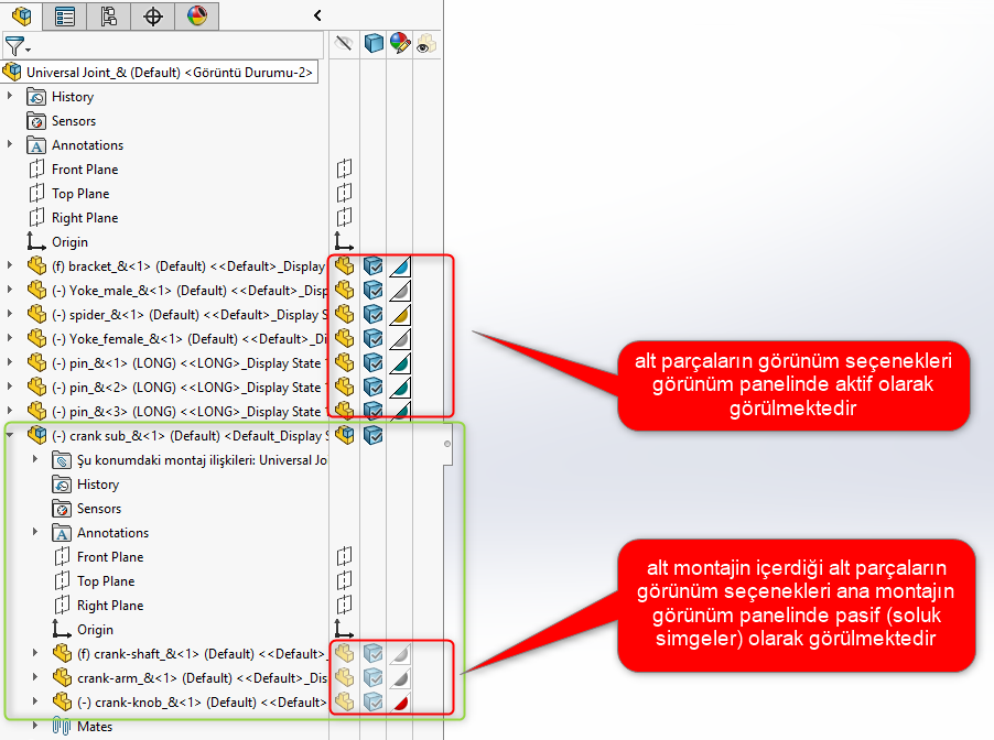 SOLIDWORKS Unsur Ağacı Görünüm Seçenekleri