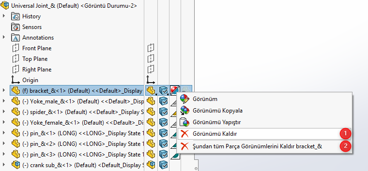 SOLIDWORKS Görünümü Kaldır Seçenekleri