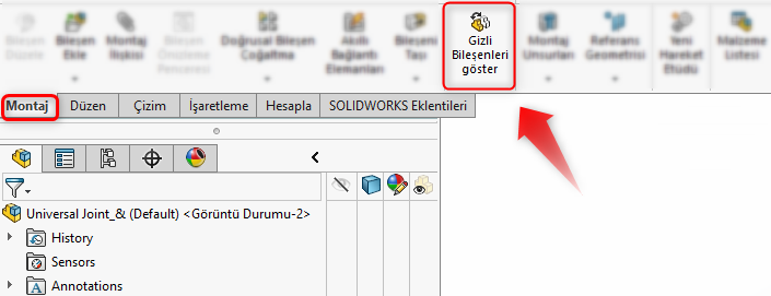 SOLIDWORKS Gizli Bileşenleri Göster Komutu