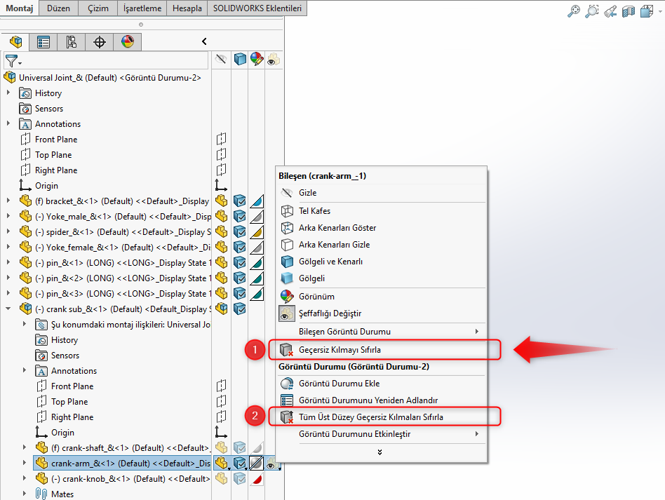 SOLIDWORKS Geçersiz Kılmayı Sıfırla Komutu