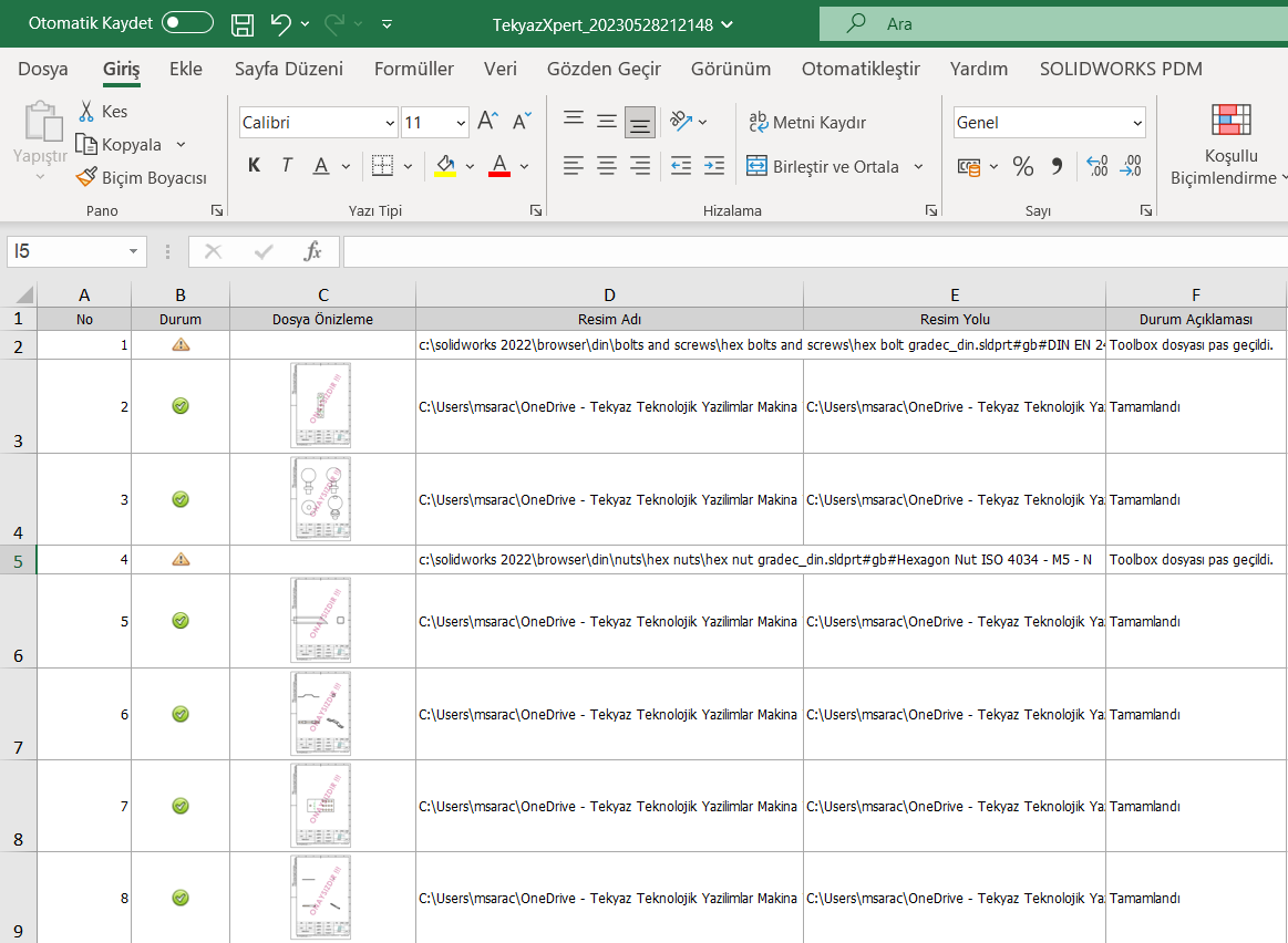 TekyazXpert - Teknik Resim Oluştur Excel Çıktısı