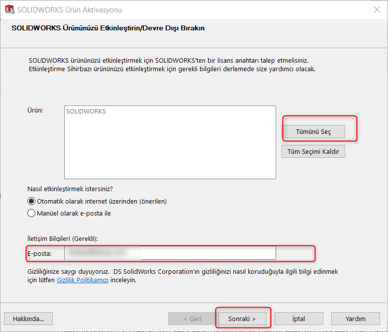 SOLIDWORKS etkinleştirme/Devre Dışı Bırakma