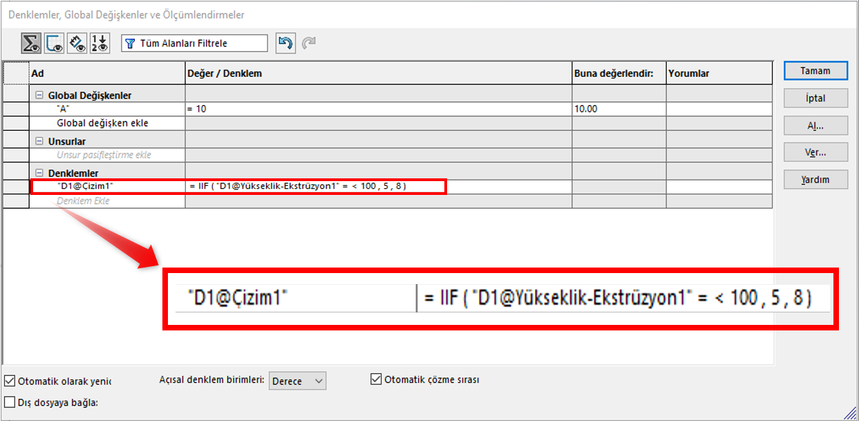 SOLIDWORKS IF Denklemi Girilmesi