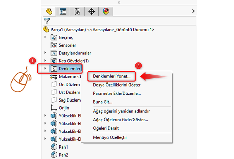 SOLIDWORKS Denklemler Yönet