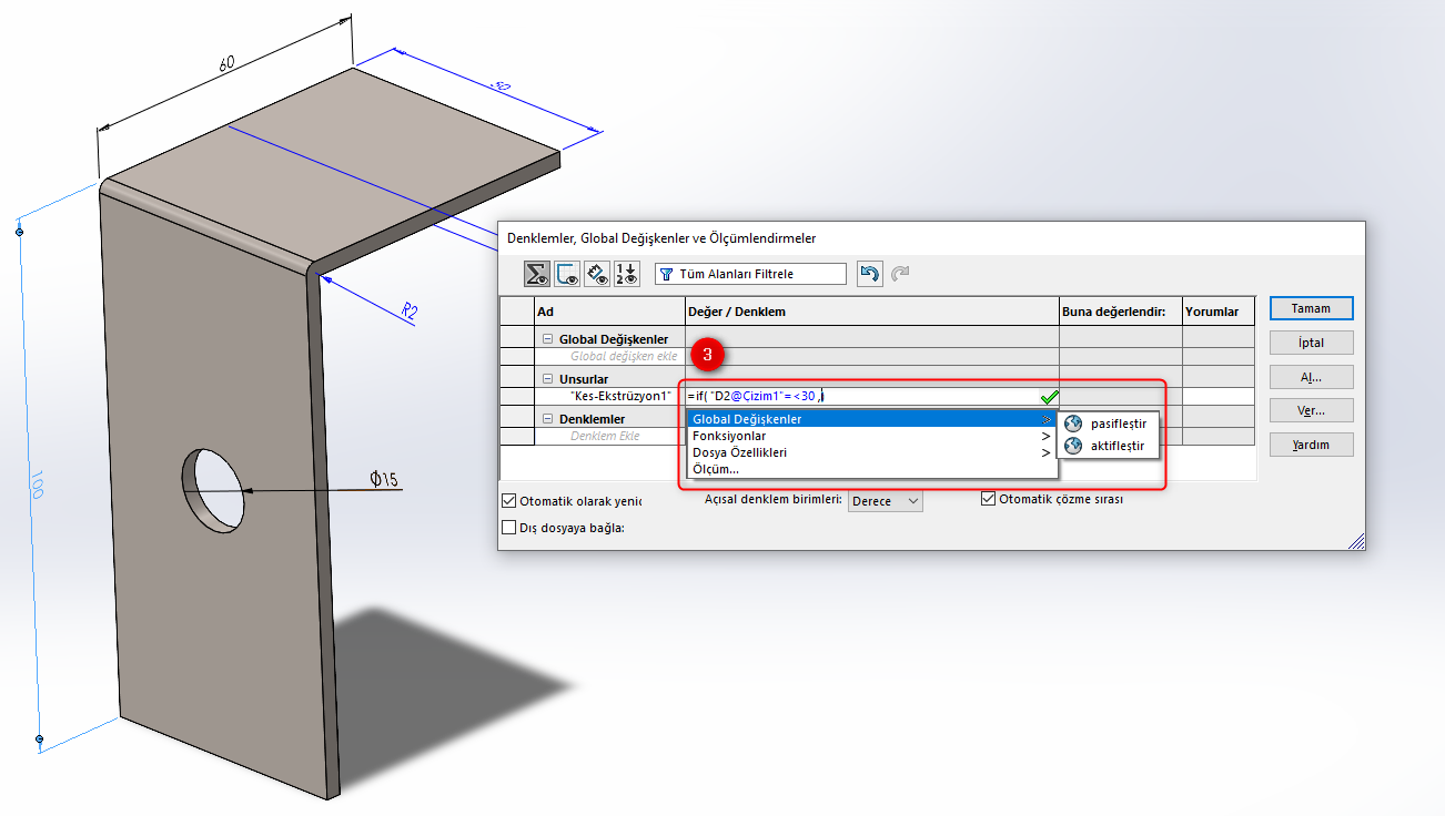 SOLIDWORKS Unsur IF koşullu denklem yazımı