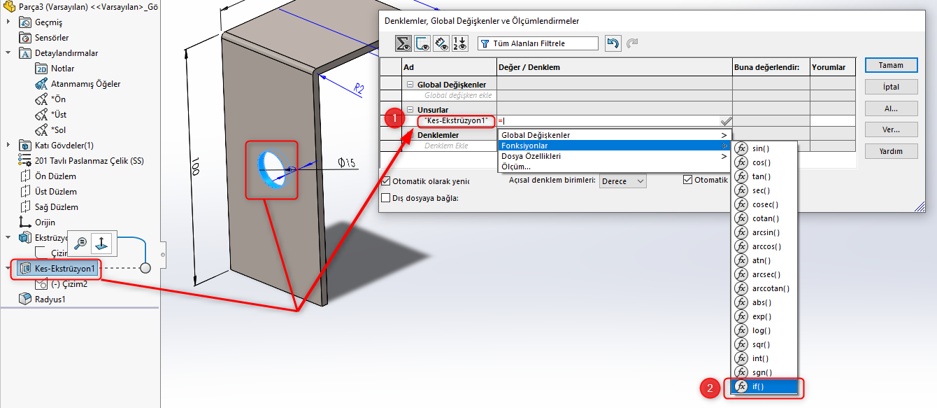 SOLIDWORKS Unsur denklem tanımlama