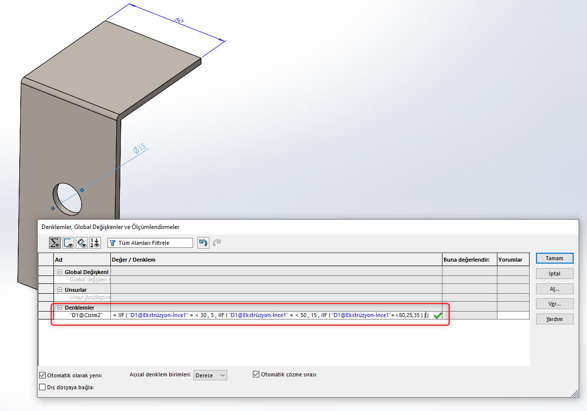 SOLIDWORKS Çoklu IF Koşulu Denkleminin Tanımlanması