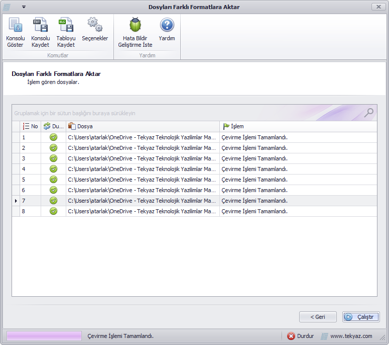 TekyazXpert Dosyaları Farklı Formatlara Aktarma İşlemi Tamamlanan Dosyalar
