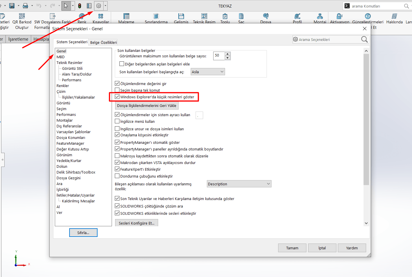 SOLIDWORKS Sistem Seçenekleri Windows Explorer Küçük Resimler