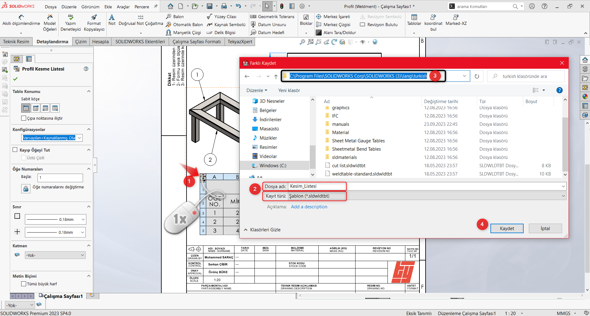 Kesim Listesi Tablosunu Şablon Olarak Kaydetme