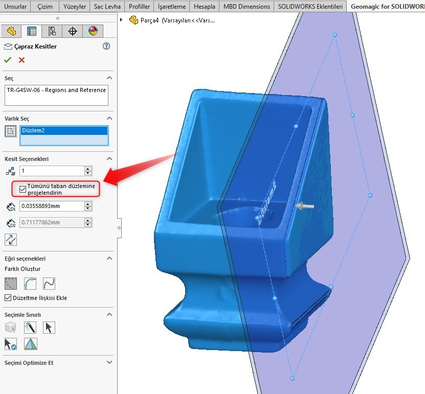 taban düzlemine projelendirin seçeneği