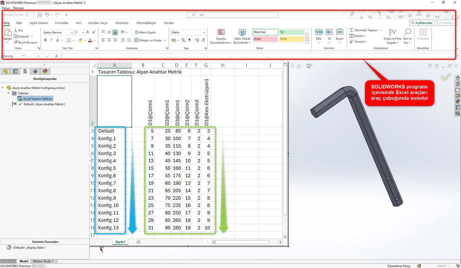 Excel araçları ile tasarım tablosuna konfigürasyon ekleme