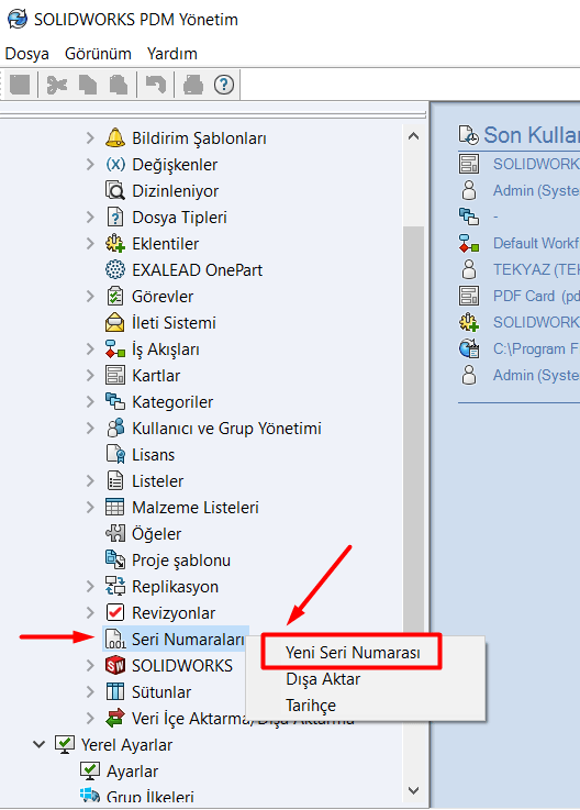 SOLIDWORKS PDM Yönetim Paneli - Seri Numaraları