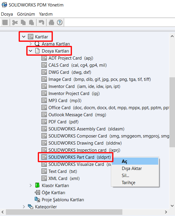 SOLIDWORKS Yönetim Paneli - Kartlar