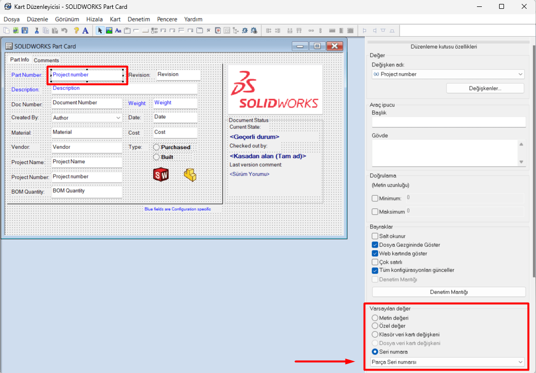 SOLIDWORKS Parça Kartı