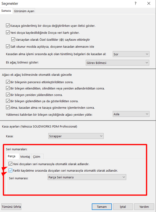 SOLIDWORKS PDM Seçenekler