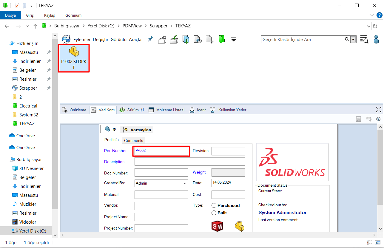 PDM Kasa İçerisine Eklenen Part Dosyası