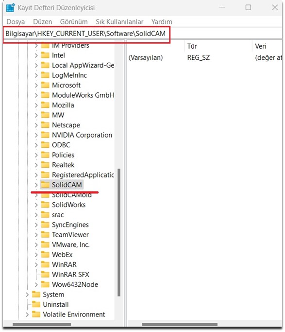 Kayıt defterinden SolidCAM'in silinmesi