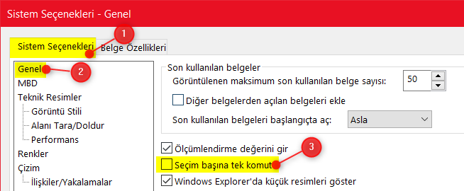 Seçim Başına Tek Komut Özelliği