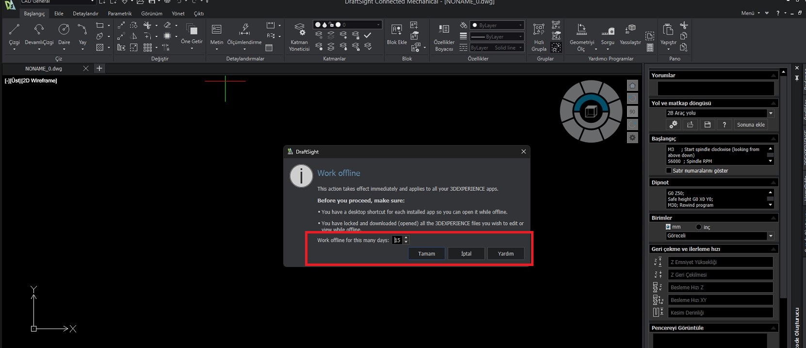 3DEXPERIENCE DraftSight Offline Mod Etkinleştirme Bilgi Ekranı