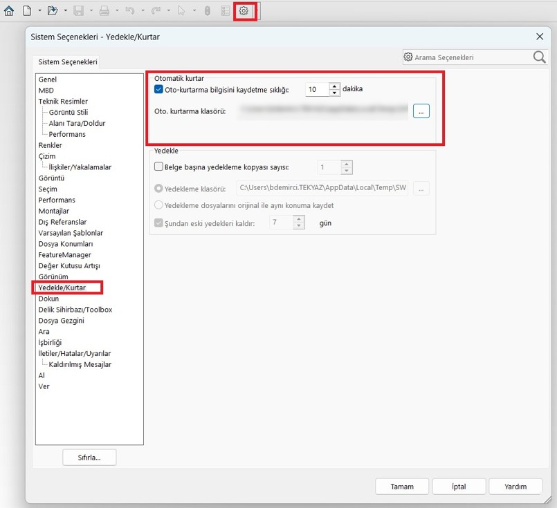 SOLIDWORKS Yedekleme ve Kurtarma Ayarları
