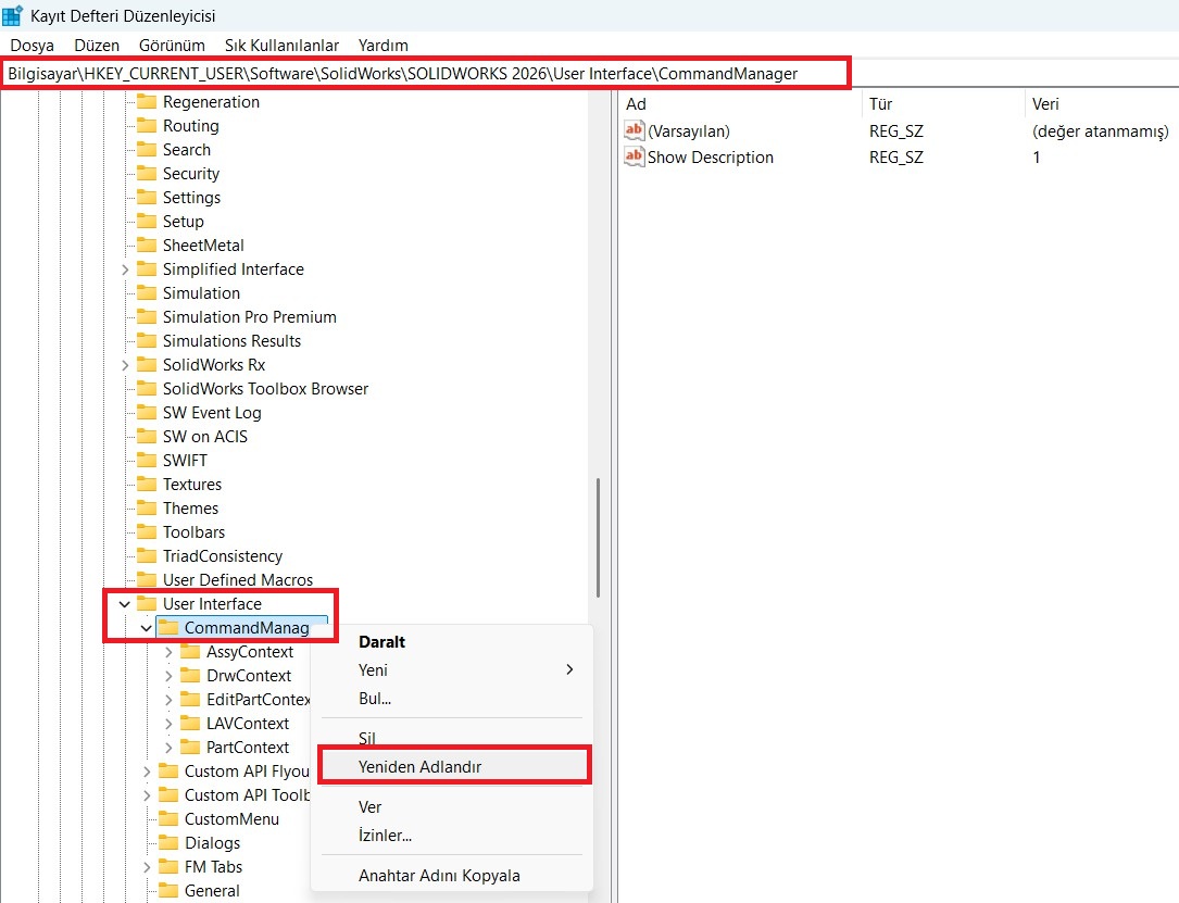 SOLIDWORKS Regedit Command Manager Sıfırlama