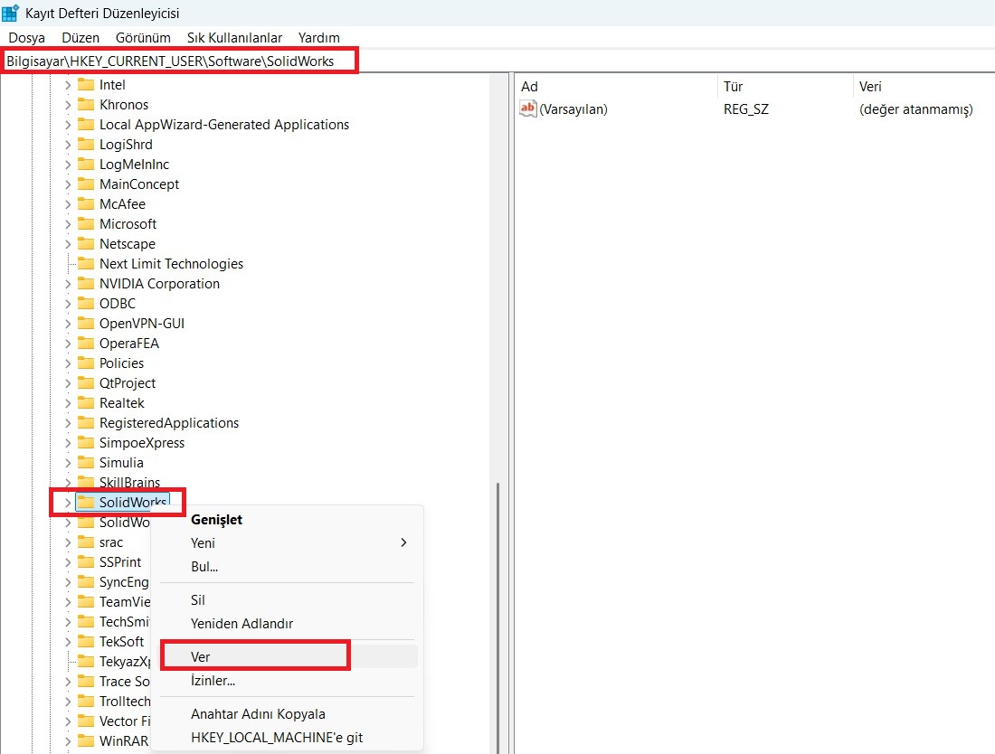 SOLIDWORKS Ayar Yedeği Alma - Regedit Dışarı Aktarma