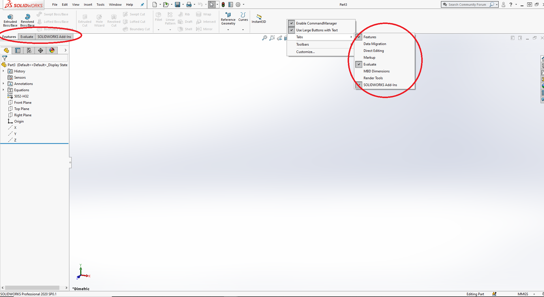 SOLIDWORKS Sekmelerin Görünmemesi