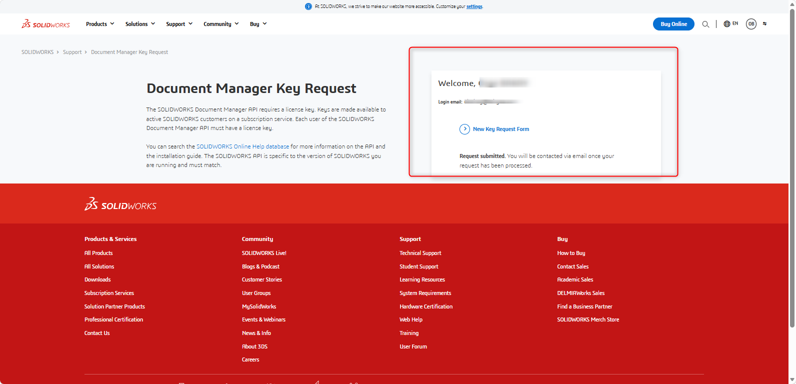 SOLIDWORKS Document Manager API anahtarı talebinin başarıyla gönderilmesi.