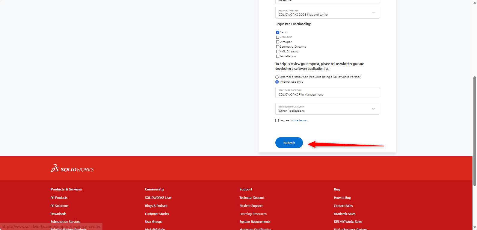 SOLIDWORKS Document Manager API anahtarı talebinin gönderilmesi.