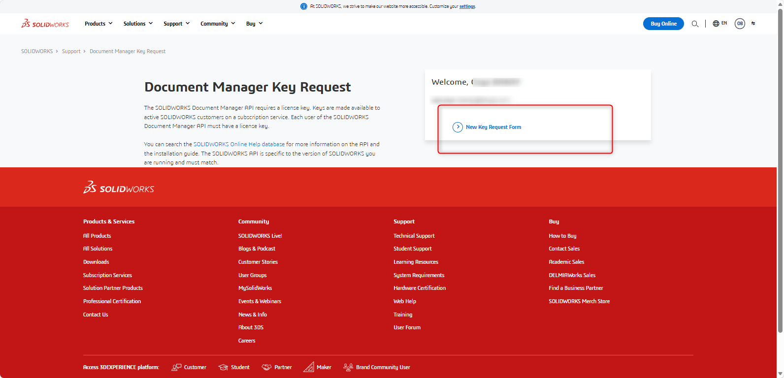 SOLIDWORKS Document Manager API anahtarı talep ekranı.