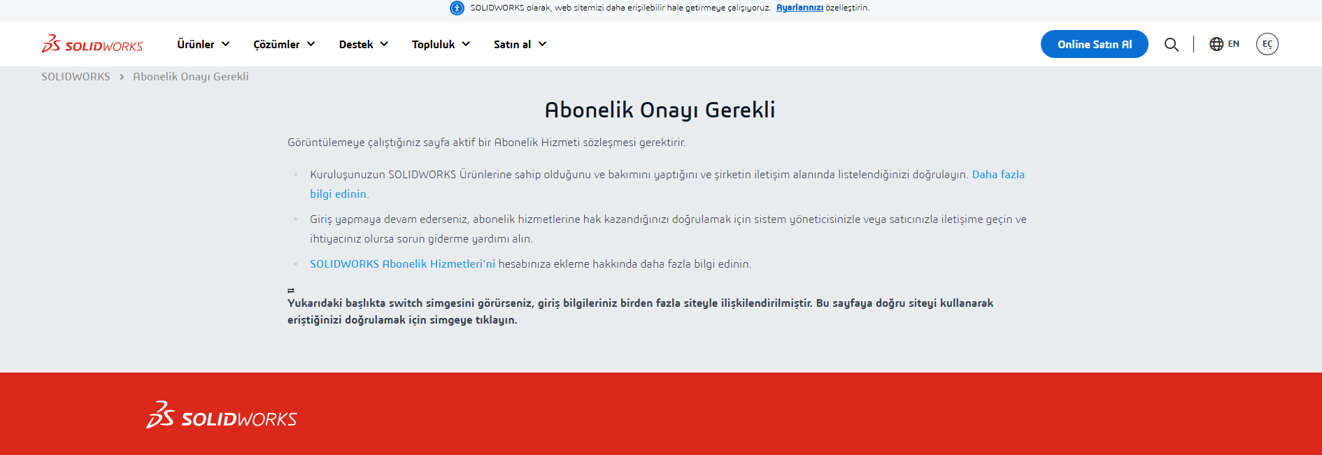 SOLIDWORKS Document Manager API anahtarı talebinde Abonelik Onayı Gerekli hatası.