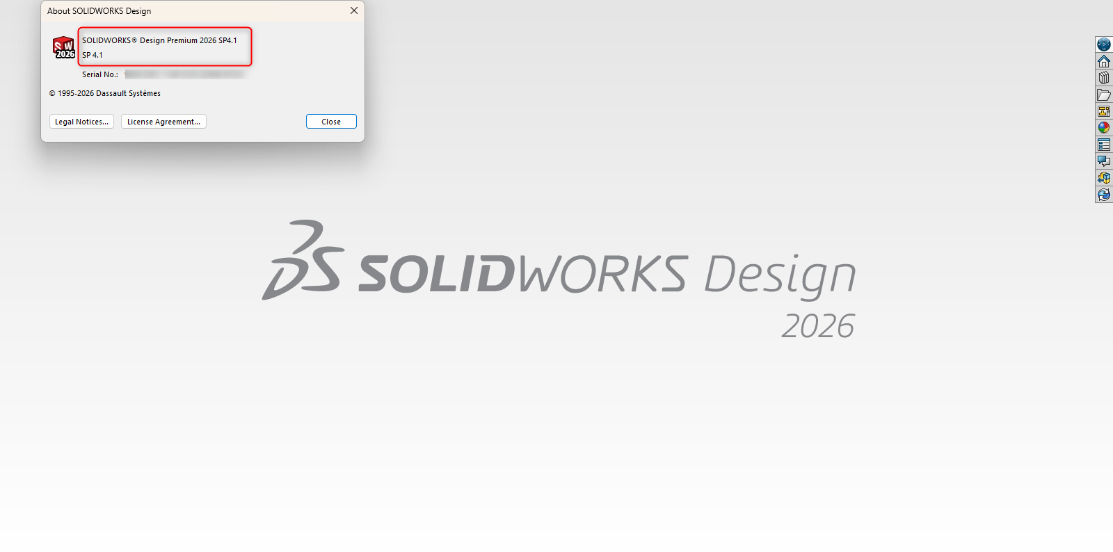 SOLIDWORKS Hakkında penceresi.