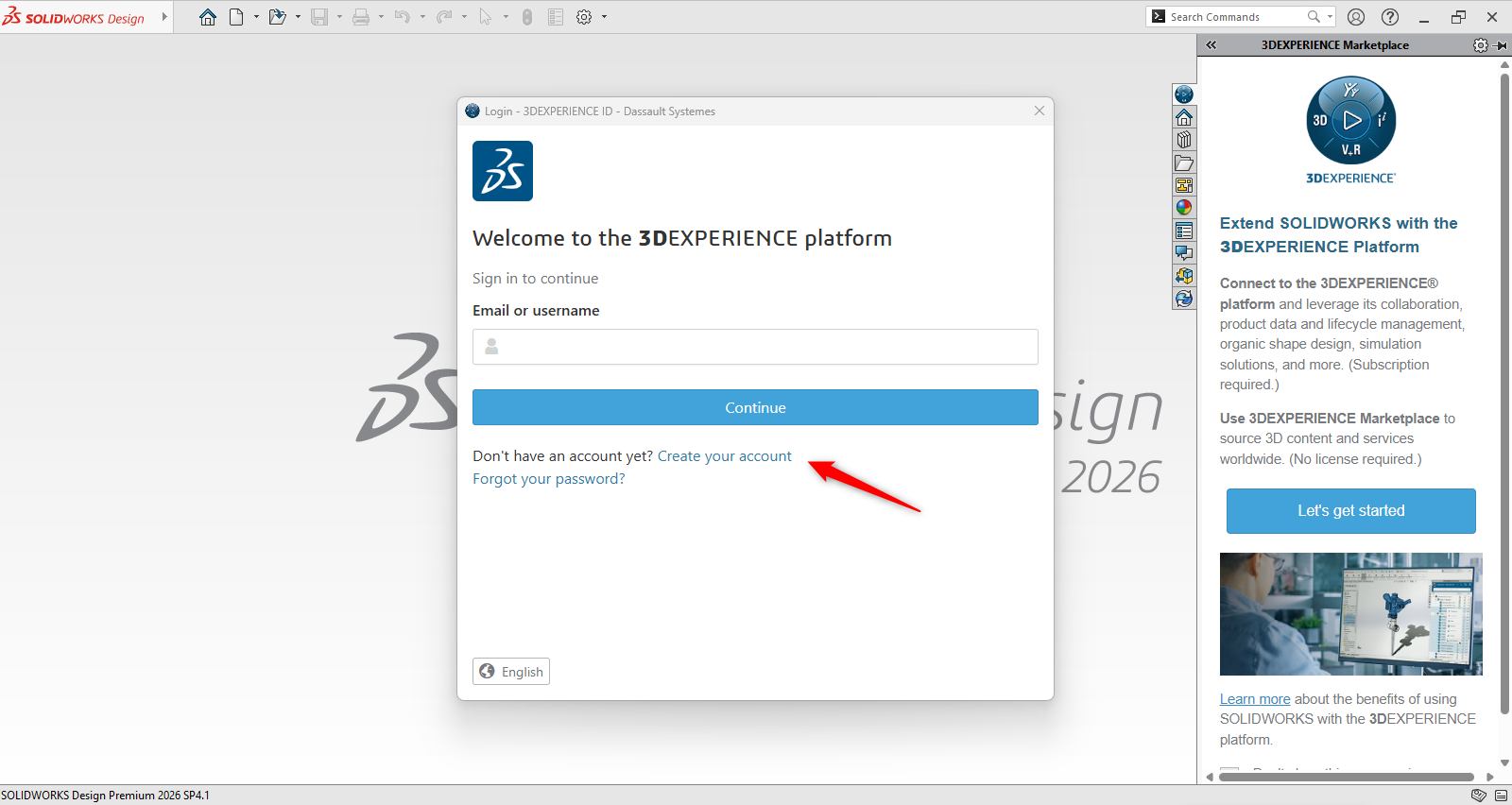 SOLIDWORKS 2026 üzerinden 3DEXPERIENCE platformuna giriş yapma veya yeni hesap oluşturma ekranı.
