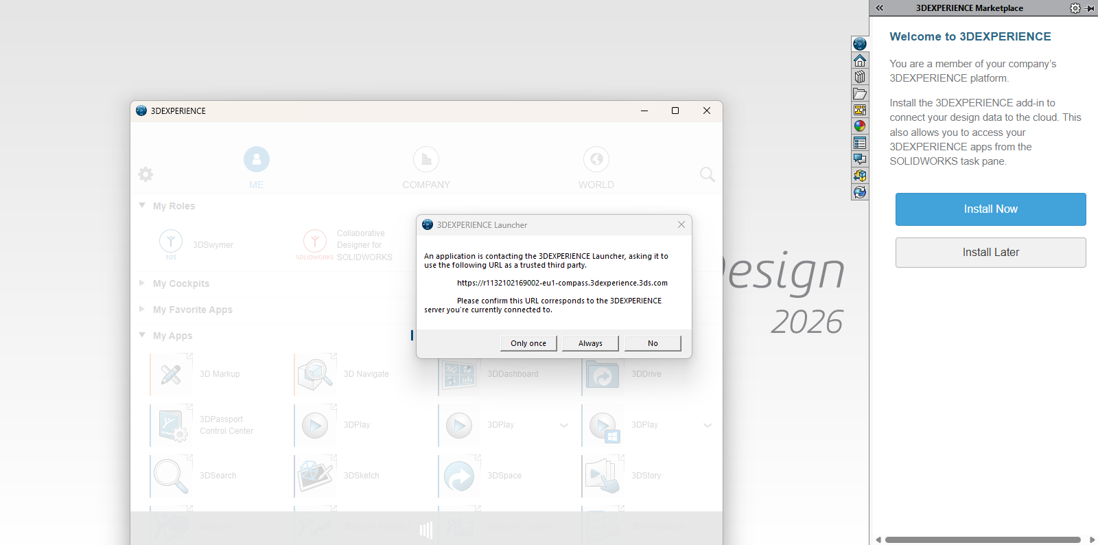 3DEXPERIENCE Launcher bağlantı izni.
